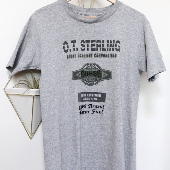 Vintage 90s Heathered Grey Guess Jeans Graphic Gasoline Car Shop Tee Size Large - Picture 4 of 8